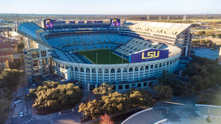 Aerial view of LSU Tiger Stadium in Baton Rouge Louisiana on a sunny day