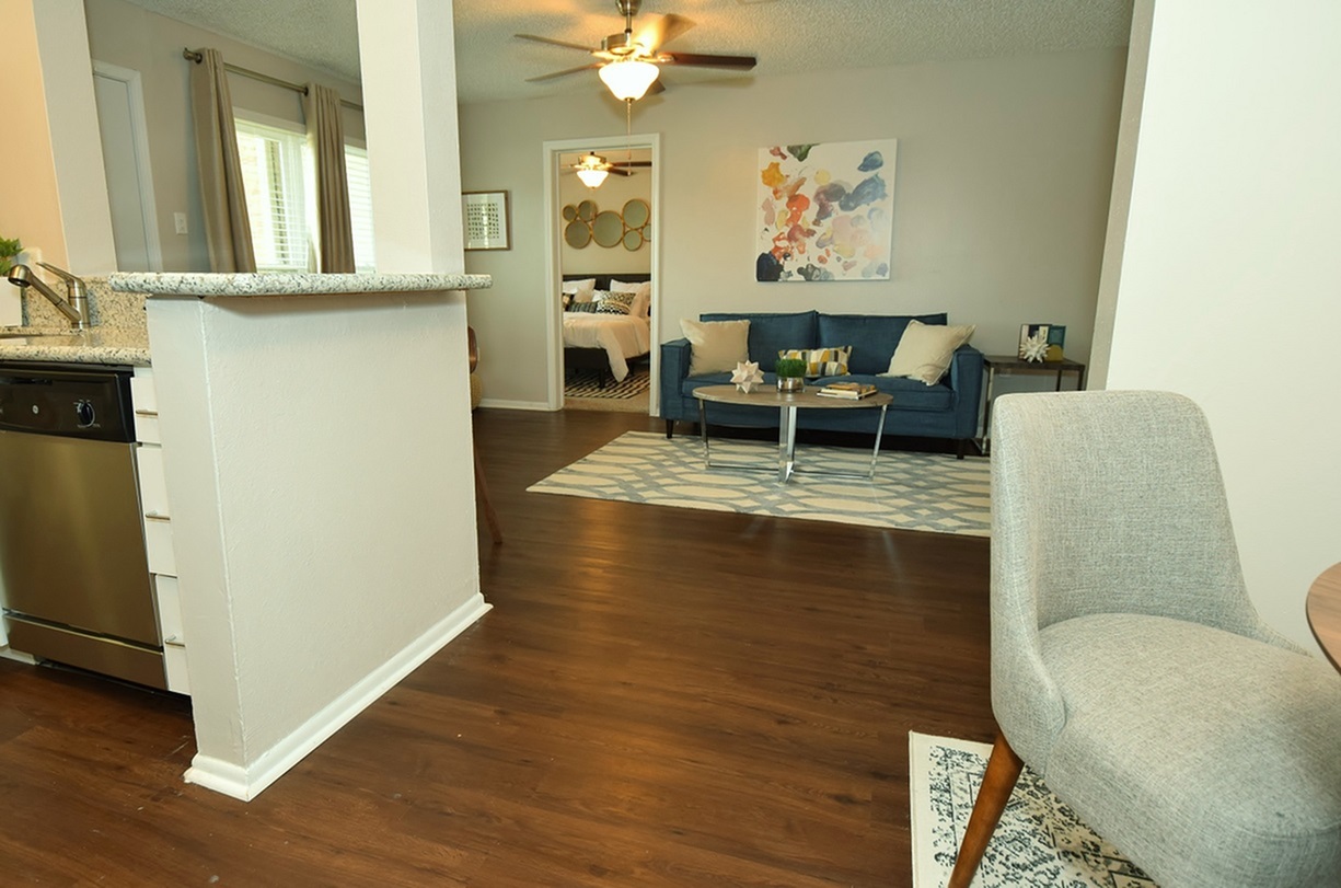 Kitchen and dining area of a model apartment at Oakbrook