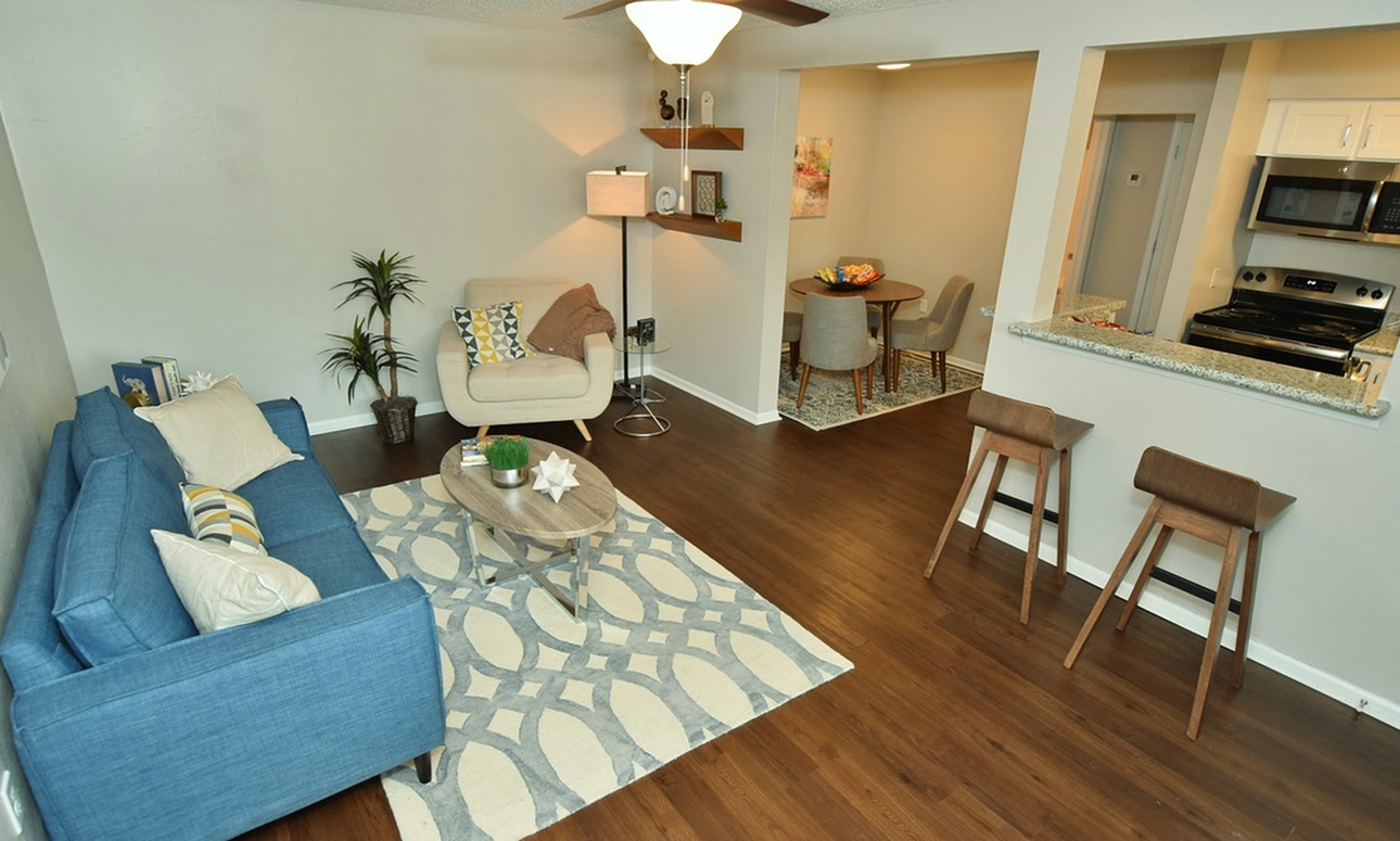 Living room and kitchen of a model apartment