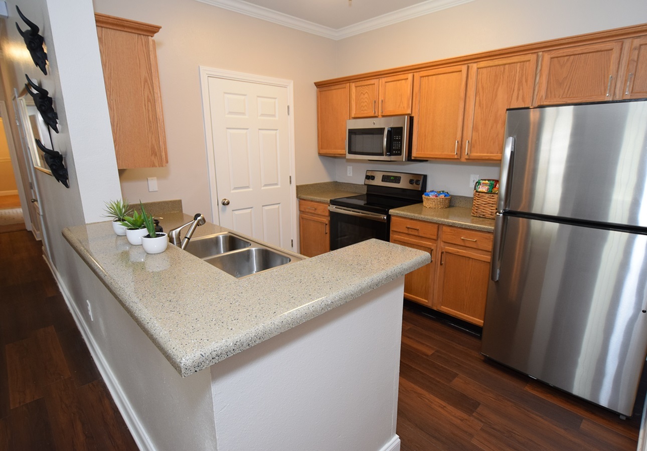 Model kitchen with stainless steel appliances at Oakbrook